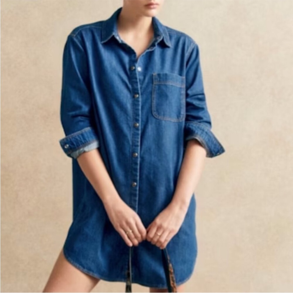 Sézane Sadie Robe Long Sleeve Snap Mini Denim Dress |Sz 10 (42) | Blue Denim